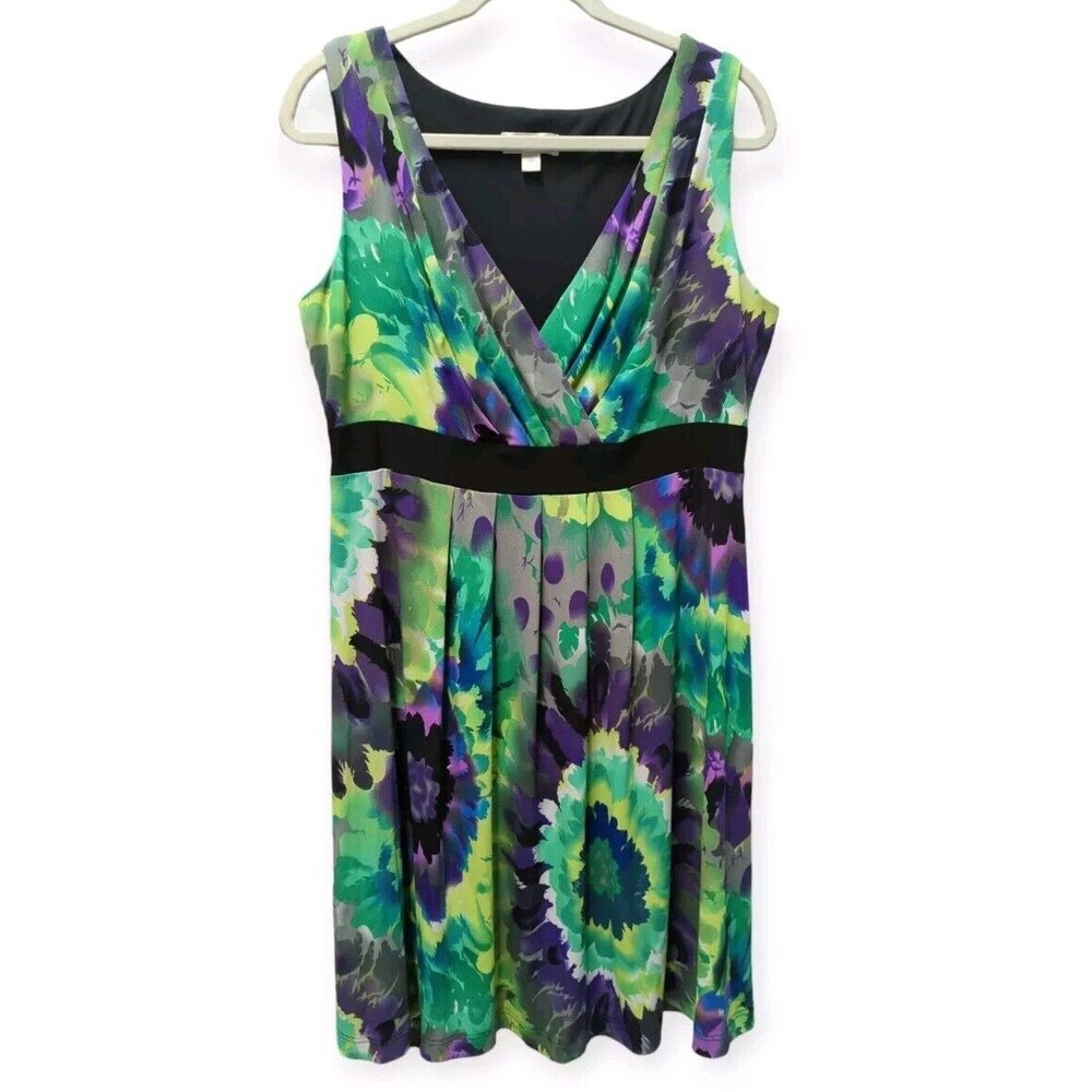 DRESSBARN Floral Dress Green Purple Flowers Tropical Vacation Stretch 14 W 14W
